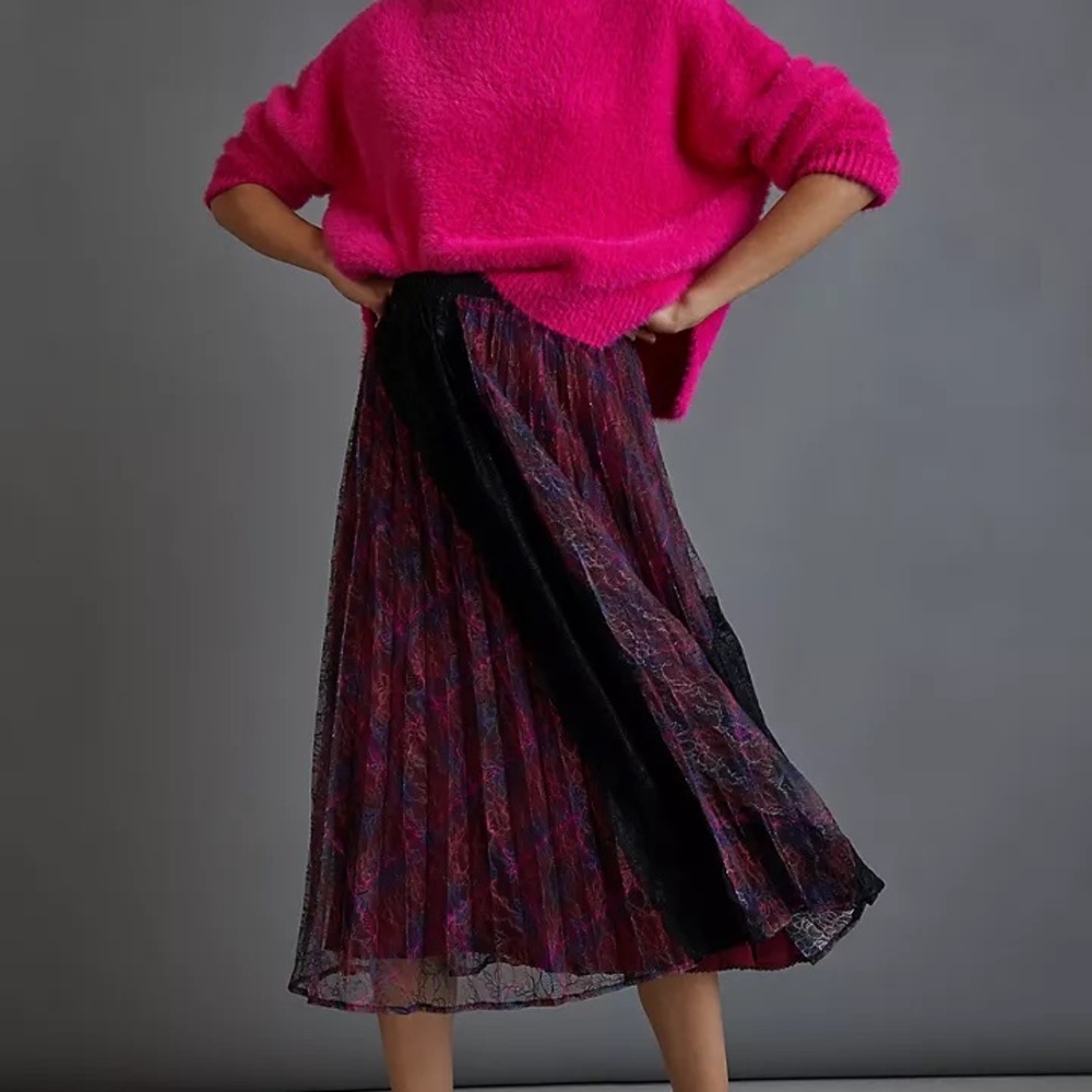 NEW Maeve Anthropologie Lace Midi Skirt Burgundy Floral Sheer Overlay whimsigoth